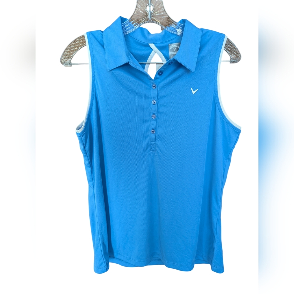 Callaway Woman's Sleeveless Golf Polyester Shirt Azure Blue White Sz L *NWT